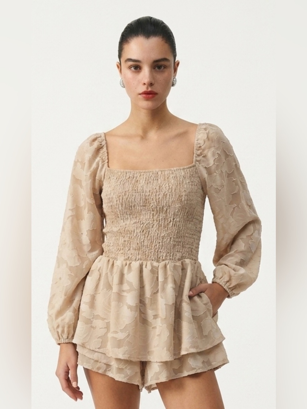 Beige Floral Smocked Babydoll Dress Skort